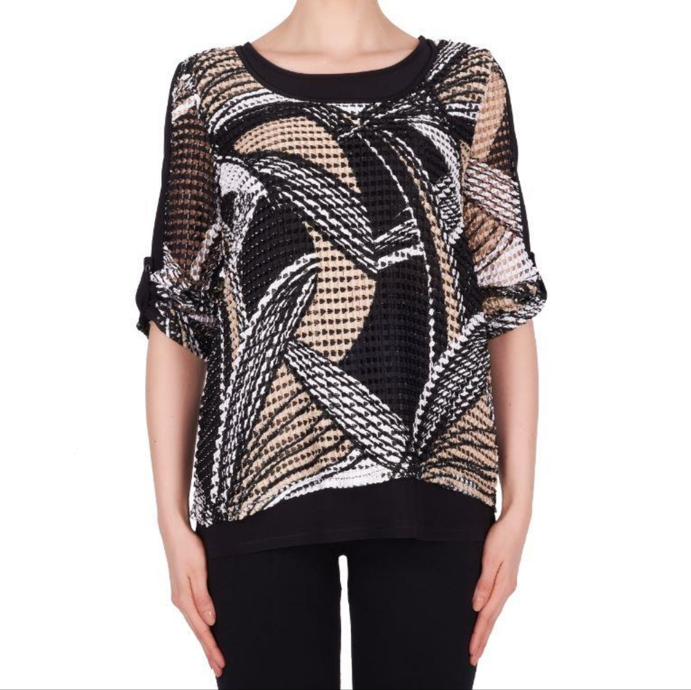 Joseph Ribkoff Black, White & Beige Abstract Mesh Blouse